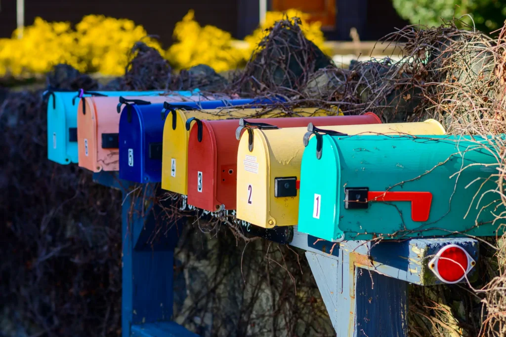 A row of colorful mailboxes